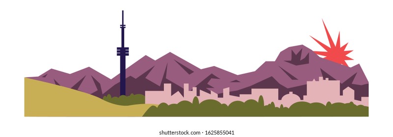 Cityscape with mountains and TV tower at sunset flat illustration