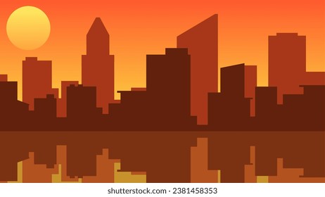 Cityscape near the lake vector illustration. Urban silhouette on the lake with water reflection. Cityscape landscape for background, wallpaper or landing page. Sunset panorama in the city