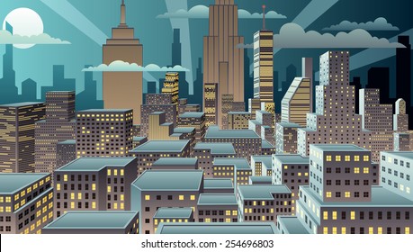 Cityscape at night. Basic (linear) gradients used. No transparency. 