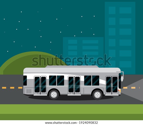 cityscape at night with bus public\
transportation vector\
illustration