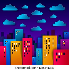 Cityscape in the night with clouds in the sky cartoon vector illustration in paper cut kids application style, high city buildings real property houses midnight time.