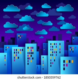 Cityscape in the night with clouds in the sky cartoon vector illustration in paper cut kids application style, high city buildings real property houses midnight time.