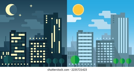 Cityscape. Night and day city. Vector stock illustration