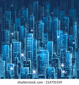 Cityscape at night. Hand drawn vector