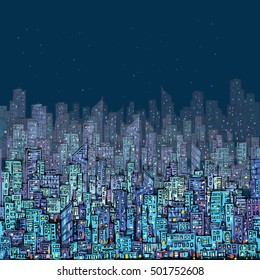 Cityscape at night. hand drawn, vector illustration
