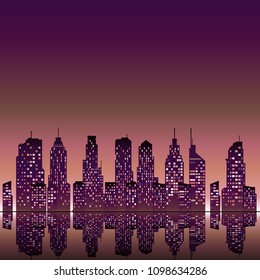 
Cityscape at night. 
illustration of flat colored silhouettes of buildings at night
