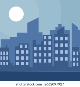 Paisaje urbano en la noche Paisaje Ilustración vectorial Plantilla Diseño gráfico . Vista del edificio de la ciudad con concepto lunar para la promoción del Anuncio del agente de negocios inmobiliario con estilo hermoso de la historieta