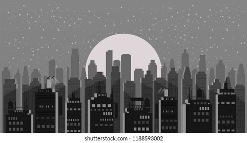 Cityscape night. Modern city skyline panoramic vector background. Urban city tower skyscrapers skyline illustration, isolated, illustration