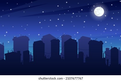 Cityscape at the night with moon and star.	