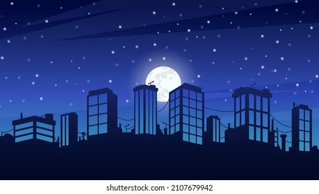 Cityscape at the night with moon and star.	