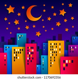 Cityscape in the night with moon and stars cartoon vector illustration in paper cut kids application style, high city buildings real property houses midnight time.
