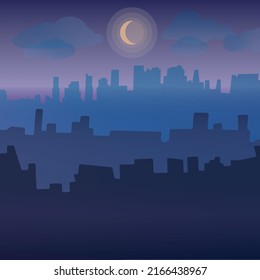 Paisaje urbano por la noche, a la luz de la luna. Ilustración del vector de color.
