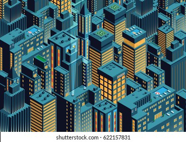 Cityscape Of Night New York. Isometric Perspective. Vector Illustration