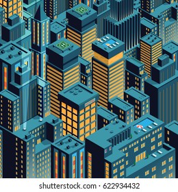 Cityscape of night New York. Isometric perspective. Vector illustration