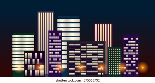 Cityscape at night on black background. Vector illustration.