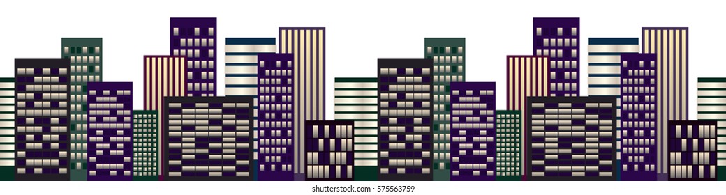 Cityscape at night on white background. Horizontal seamless. Vector illustration.