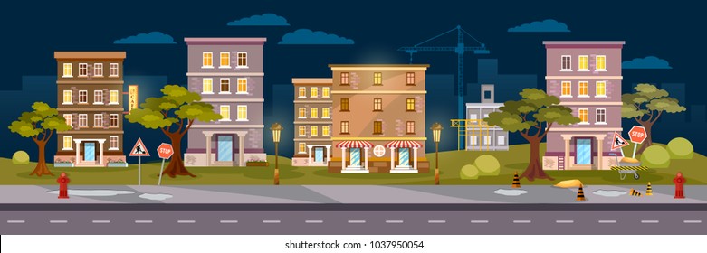 Cityscape night panoramic banner, city town night life vector illustration 