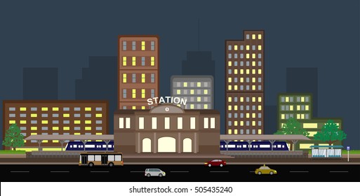 Cityscape at Night with railway station, taxi, bus, public transportation. isolated on white background vector illustration