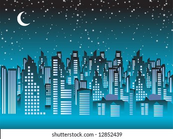 Cityscape night, silhouettes of houses