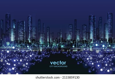 Cityscape at night. Skyline city silhouettes. City background with architecture, skyscrapers, megapolis, buildings, downtown.