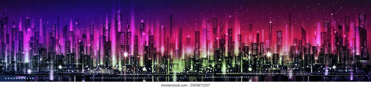 Cityscape at night. Skyline city silhouettes. City background with architecture, skyscrapers, megapolis, buildings, downtown.