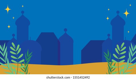 cityscape night stars leaves foliage scene vector illustration