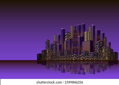 Cityscape at night with tall skyscapers and soft city lights in water reflection. Big city skyline vector illustration for real estate agency, travel agency, web page background or cover.