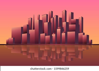 Cityscape at night with tall skyscapers and soft city lights in water reflection. Big city skyline vector illustration for real estate agency, travel agency, web page background or cover.