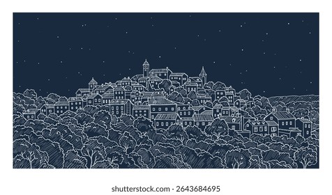 Cityscape at Night: A Tapestry of Urban Lights and Natural Dark Forest Beauty