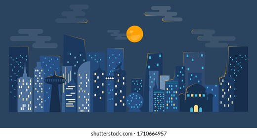 Cityscape at night time with moon light. Dark urban scape.  flat style, abstract background.