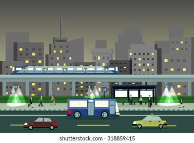 Cityscape At Night With Train, People And Bus Stop, Public Transportation. Vector Illustration