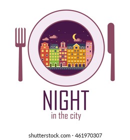 Cityscape at night. Urban landscape. Cartoon flat vector illustration. Objects isolated on a white background.