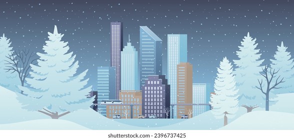 Cityscape of night winter downtown in the center, surrounded by forest with fir trees. Calm, cold and cozy atmosphere. Elegant banner design in soft pastel colors.