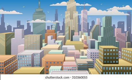 Cityscape at noon. Basic (linear) gradients used. No transparency. 