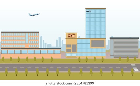 Cityscape with office, mall, hotel and skyline vector illustration