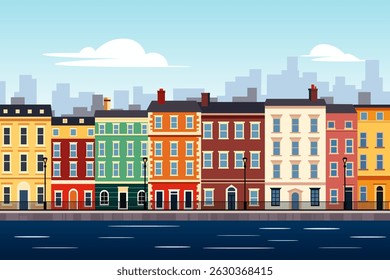 Cityscape old buildings on the embankment. City with historical buildings on the river. Embankment and buildings. Town with colorful houses and embankment.