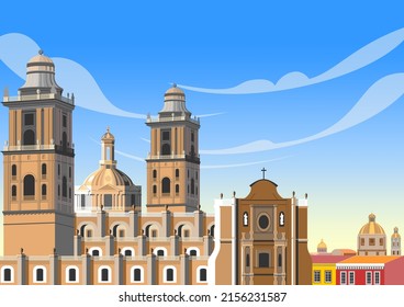 Cityscape with old catholic cathedral, old houses and churches in the background. Handmade drawing vector illustraton.