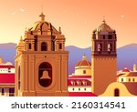 Cityscape with old catholic cathedrals, old houses and churches in the background. Handmade drawing vector illustraton.