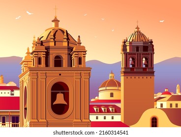 Cityscape with old catholic cathedrals, old houses and churches in the background. Handmade drawing vector illustraton.