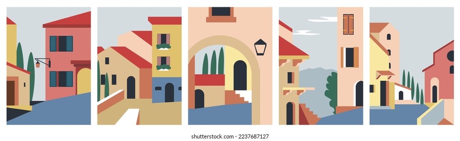 Cityscape of old city with buildings and architecture, plants and trees. Town streets with exteriors and facades of homes and houses, arches with lanterns and windows on walls. Vector in flat style