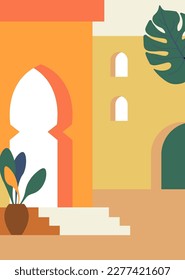 Cityscape of old city, house or building with arches and stairs. Moroccan or arabic style of architecture and construction. Skyline of village or town, streets and exterior design. Vector in flat