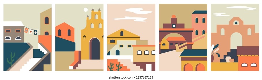 Cityscape of old town or city with architecture and buildings exteriors and facades. Stairs and rooftops, streets and urban planning. Italian or mediterranean lifestyle. Vector in flat style