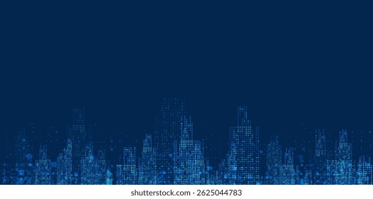 Cityscape on blue background with bright glowing neon. Technology city background