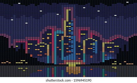 Cityscape on a dark background with bright and glowing neon purple and blue lights. seamless vertical vector