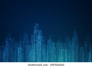 Cityscape On Dark Blue Background With Bright Glowing Neon. Technology City Background