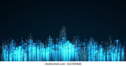Stadtlandschaft auf dunkelblauem Hintergrund mit hellglänzendem Neon. Technologie, Stadthintergrund