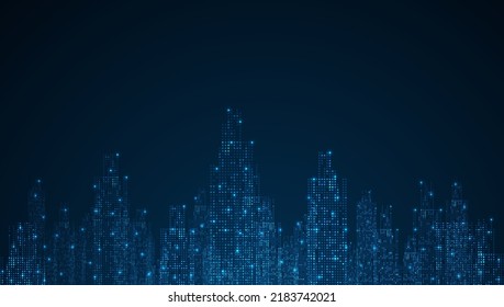 Cityscape on dark blue background with bright glowing neon. Technology city background