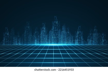 Cityscape on dark blue background with bright glowing neon. Technology city background