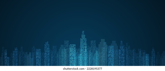 Cityscape on dark blue background with bright glowing neon. Technology city background