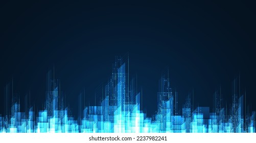 Cityscape on dark blue background with bright glowing neon. Technology city background